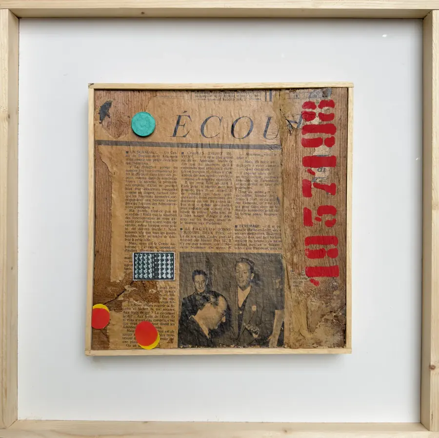 Collage legno, acquarello e foto, 2025, Andrea Cesari