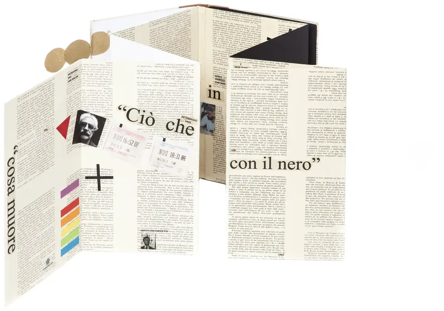 Io Sono, open spread with quoted text fragments and collage